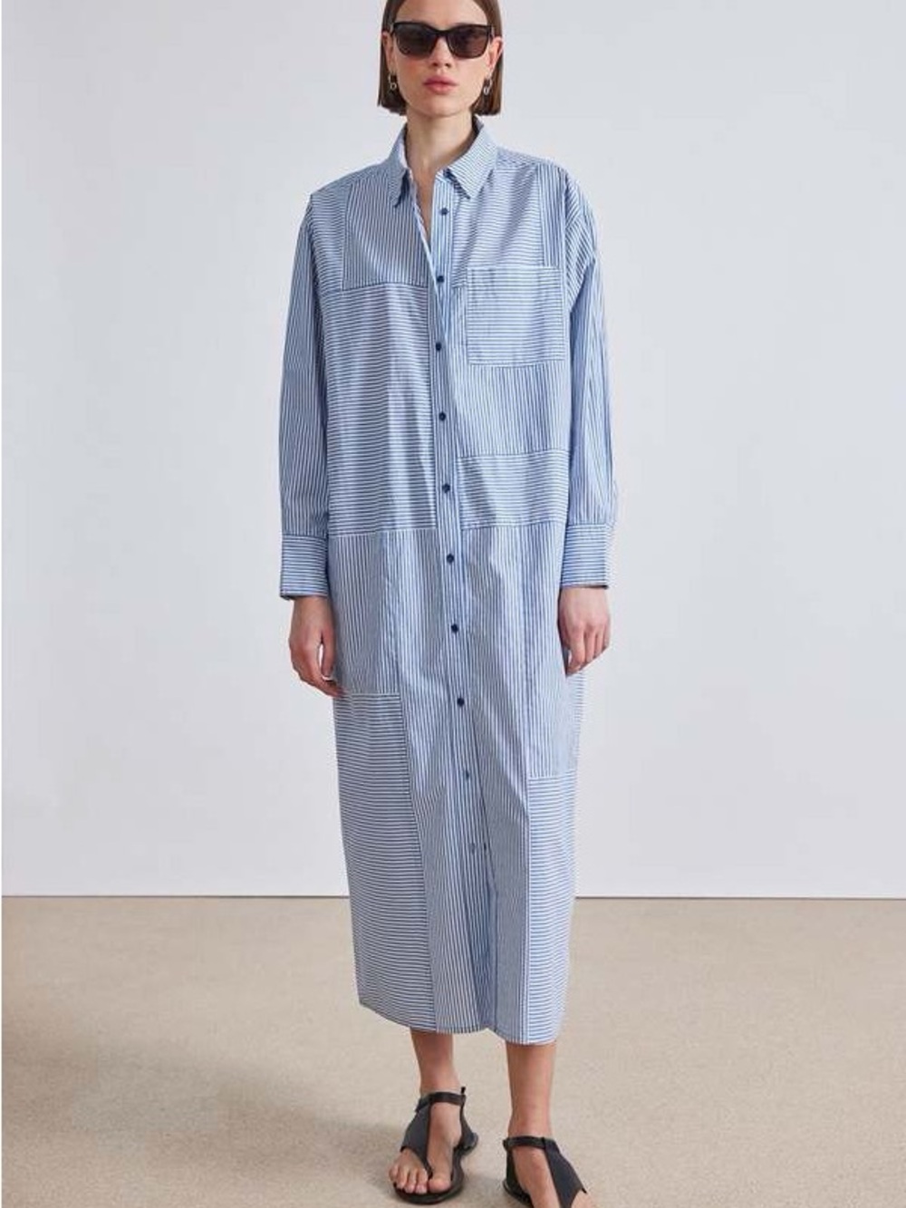 APIECE APART Alameda Caftan Dress S Blue White Striped Shirtdress Midi Cotton